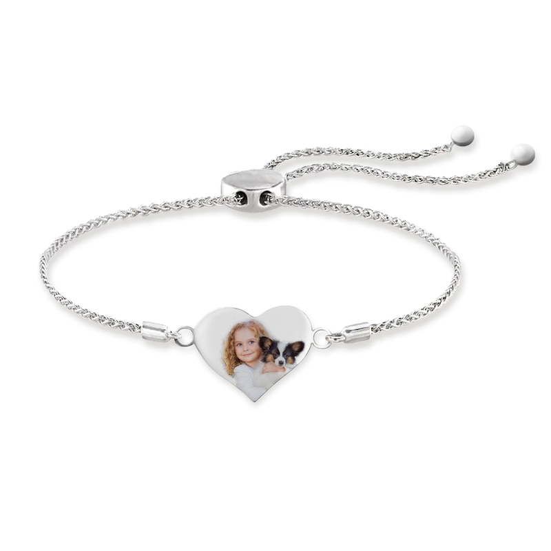 Engravable Photo Heart Bolo Bracelet in Sterling Silver (1 Image and Line) - 7.5"