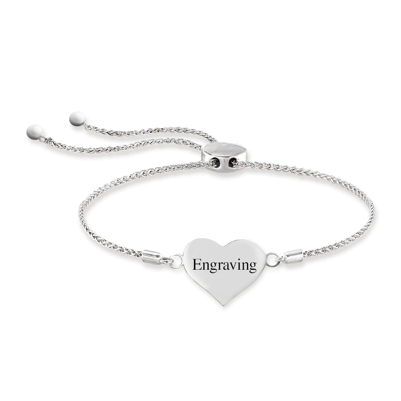 Engravable Photo Heart Bolo Bracelet in Sterling Silver (1 Image and Line) - 7.5"