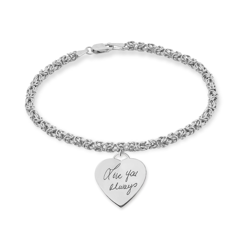 Engravable Your Own Handwriting Heart Charm Bracelet in Sterling Silver (1 Image) - 7.5"