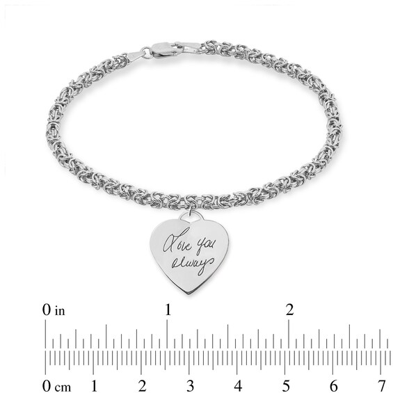 Engravable Your Own Handwriting Heart Charm Bracelet in Sterling Silver (1 Image) - 7.5"