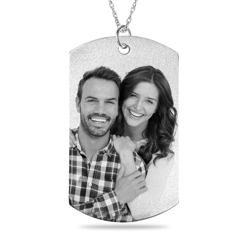 Luxe Finish Large Engravable Black and White Photo Dog Tag Pendant in 10K White Gold (1 Image and 3 Lines)