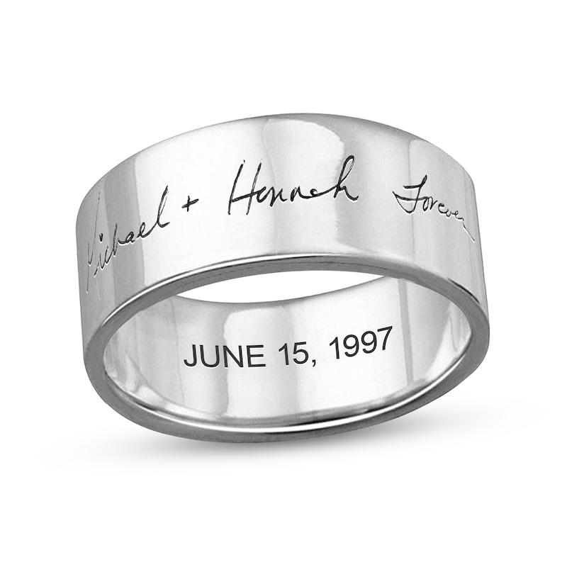 Men's 8.0mm Engravable Your Own Handwriting Ring in Sterling Silver (1 Image and 1 Line)