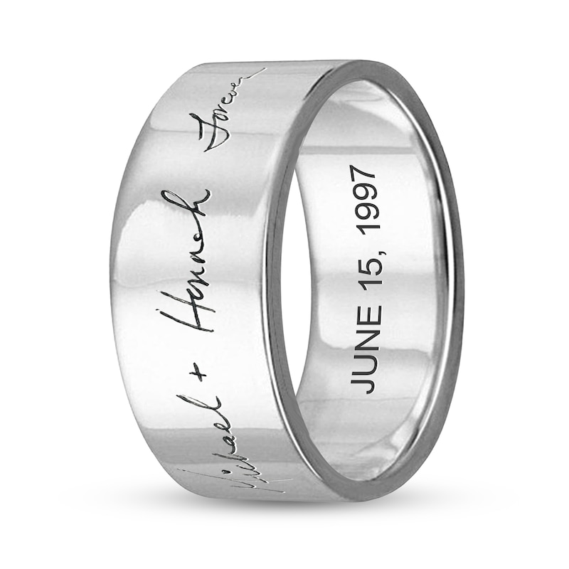 Men's 8.0mm Engravable Your Own Handwriting Ring in Sterling Silver (1 Image and 1 Line)