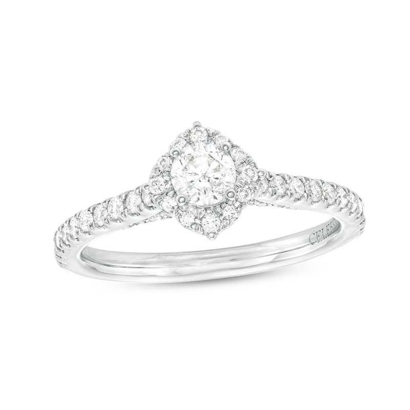 Celebration Infinite™ Canadian Certified Centre Diamond 0.69 CT. T.W. Tilted Frame Engagement Ring in 14K White Gold|Peoples Jewellers