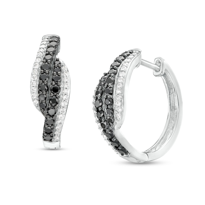 0.95 CT. T.W. Black and White Diamond Bypass Double Row Hoop Earrings in 10K White Gold