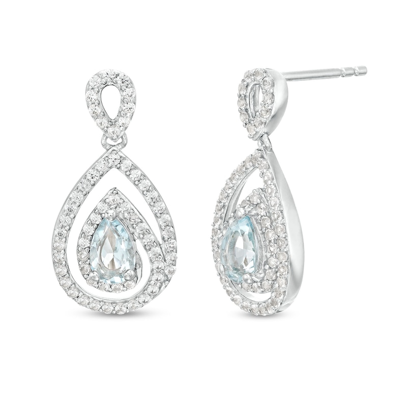 Pear-Shaped Aquamarine and White Lab-Created Sapphire Spiral Frame Drop Earrings in Sterling Silver
