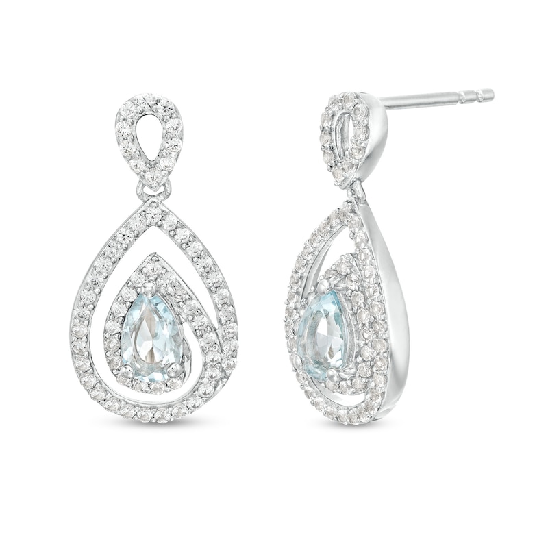 Main Image 1 of Pear-Shaped Aquamarine and White Lab-Created Sapphire Spiral Frame Drop Earrings in Sterling Silver