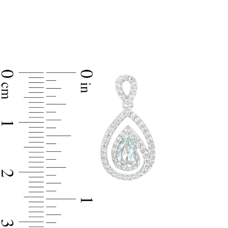 Main Image 3 of Pear-Shaped Aquamarine and White Lab-Created Sapphire Spiral Frame Drop Earrings in Sterling Silver