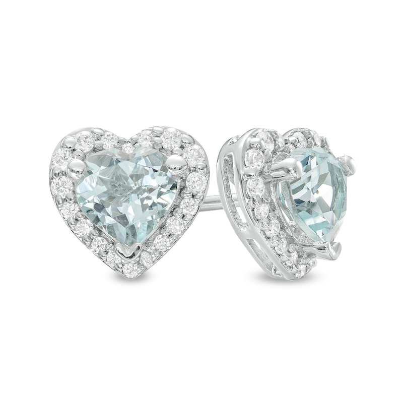 5.0mm Heart-Shaped Simulated Aquamarine and White Lab-Created Sapphire Frame Stud Earrings in Sterling Silver