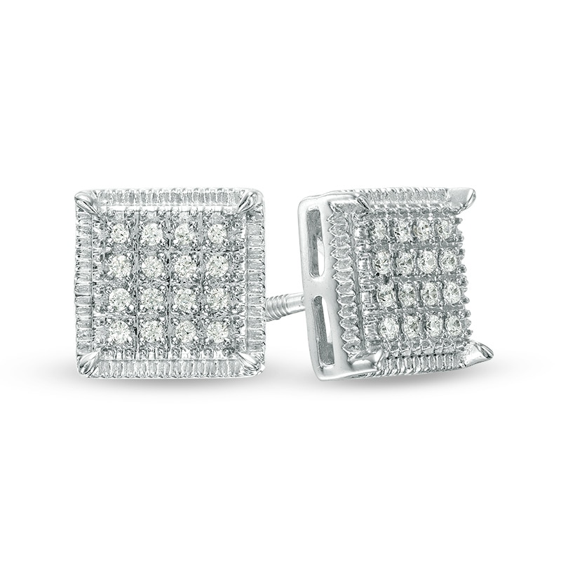 0.115 CT. T.W. Square-Shaped Multi-Diamond Textured Frame Stud Earrings in Sterling Silver