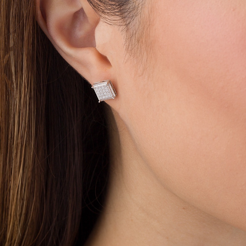 0.115 CT. T.W. Square-Shaped Multi-Diamond Textured Frame Stud Earrings in Sterling Silver