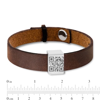 Men's QR Code Engravable Sliding Accent Black or Brown Leather Bracelet in Sterling Silver (1 Message and Line) - 8.5"