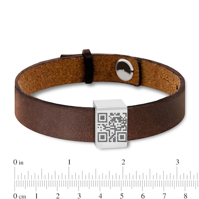 Men's QR Code Engravable Sliding Accent Black or Brown Leather Bracelet in Sterling Silver (1 Message and Line) - 8.5"
