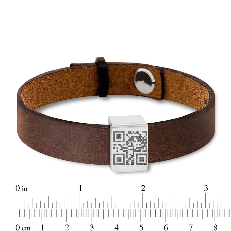 Main Image 4 of Men's QR Code Engravable Sliding Accent Black or Brown Leather Bracelet in Sterling Silver (1 Message and Line) - 8.5"