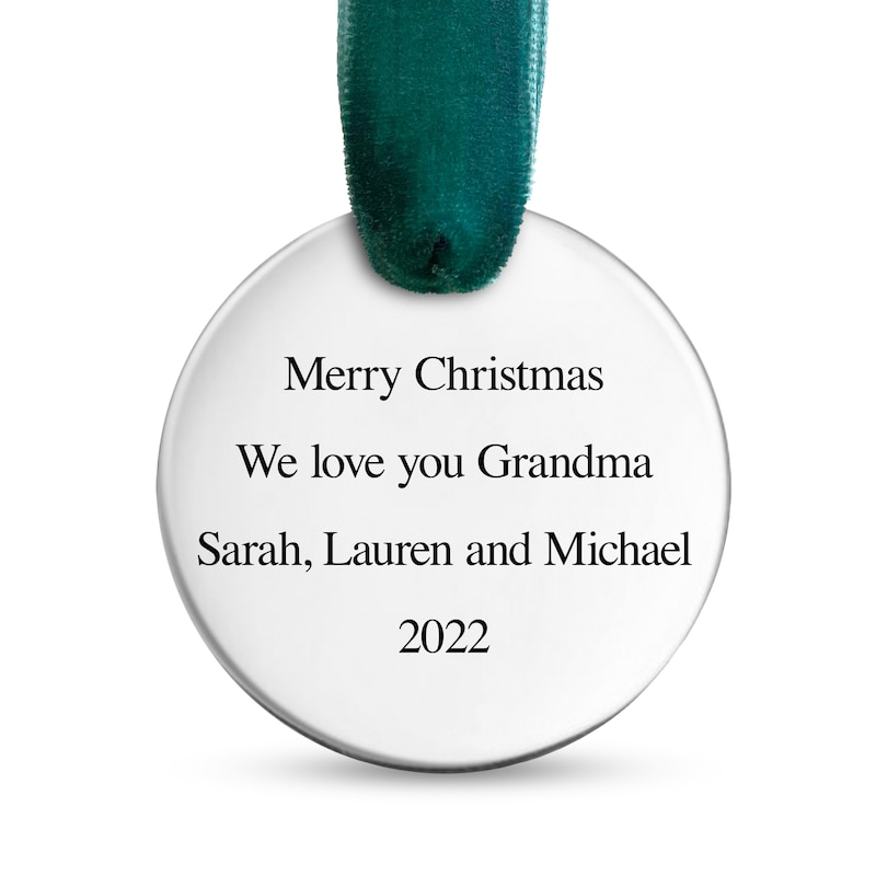 Photo Engravable Christmas Tree Ornament in Sterling Silver with Velvet Ribbon (1 Image and 4 Lines)