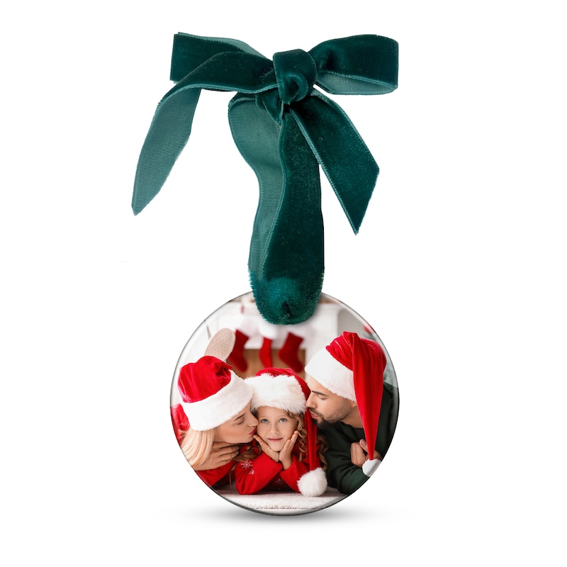 Photo Engravable Christmas Tree Ornament in Sterling Silver with Velvet Ribbon (1 Image and 4 Lines)