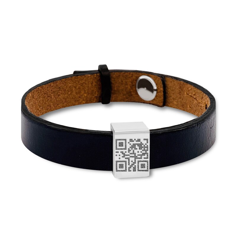 Main Image 3 of QR Code Engravable Sliding Accent Black or Brown Leather Bracelet in Sterling Silver (1 Message and Line) - 8.5"
