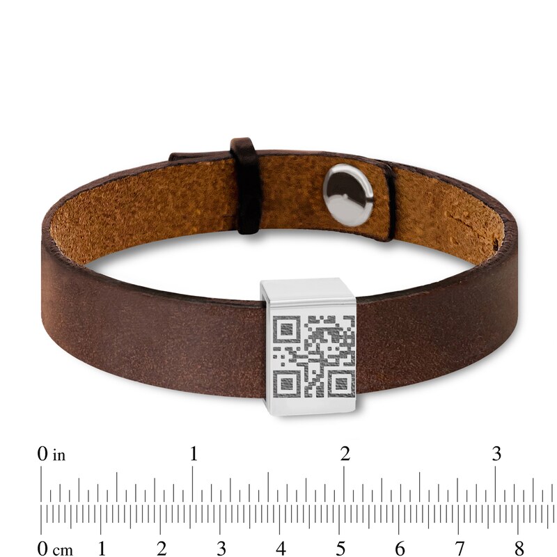 Main Image 4 of QR Code Engravable Sliding Accent Black or Brown Leather Bracelet in Sterling Silver (1 Message and Line) - 8.5"