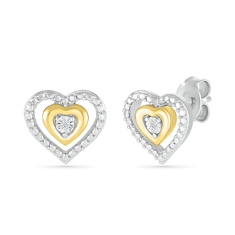 Diamond Accent Double Heart Stud Earrings in Sterling Silver and 14K Gold Plate|Peoples Jewellers