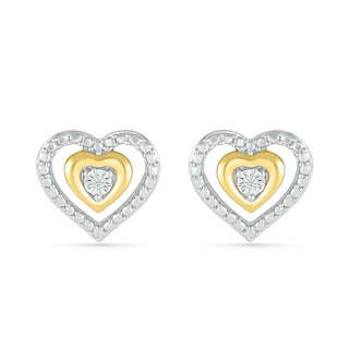 Diamond Accent Double Heart Stud Earrings in Sterling Silver and 14K Gold Plate