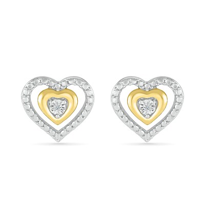 Diamond Accent Double Heart Stud Earrings in Sterling Silver and 14K Gold Plate