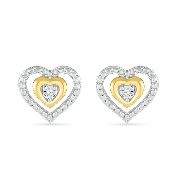 Diamond Accent Double Heart Stud Earrings in Sterling Silver and 14K Gold Plate