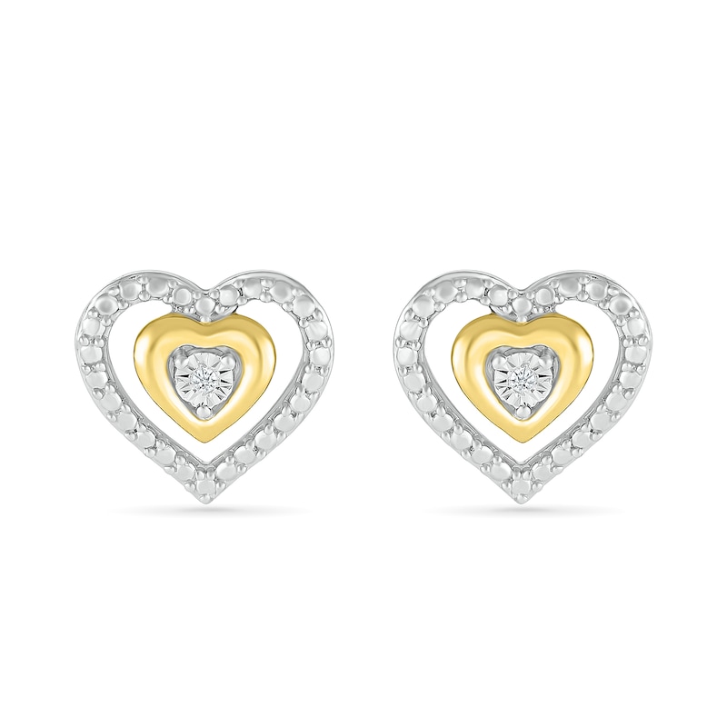 Diamond Accent Double Heart Stud Earrings in Sterling Silver and 14K Gold Plate