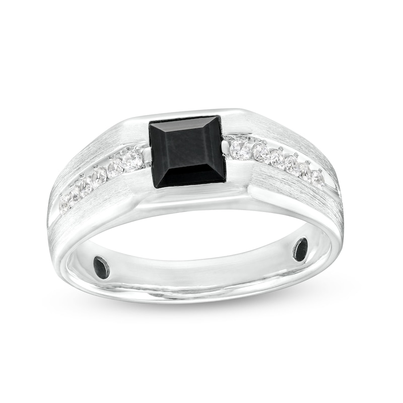 Men's 5.5mm Square-Cut Black Onyx and White Lab-Created Sapphire Band in Sterling Silver