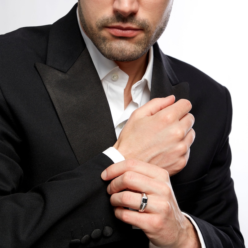Main Image 2 of Men's 5.5mm Square-Cut Black Onyx and White Lab-Created Sapphire Band in Sterling Silver