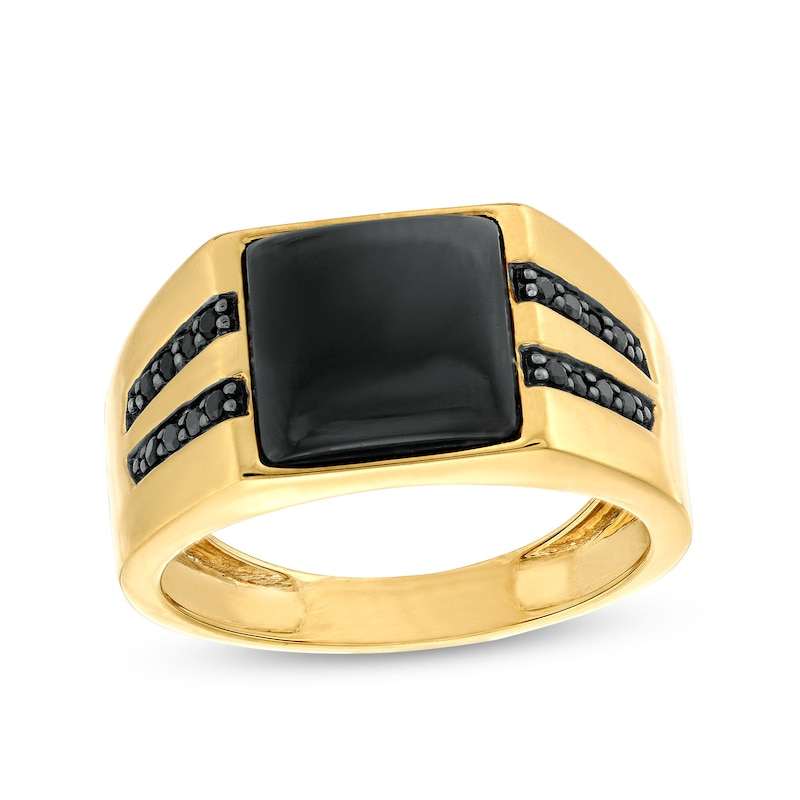 Men's 10.0mm Square Onyx and 0.15 CT. T.W. Black Diamond Double Row Ring in 10K Gold|Peoples Jewellers