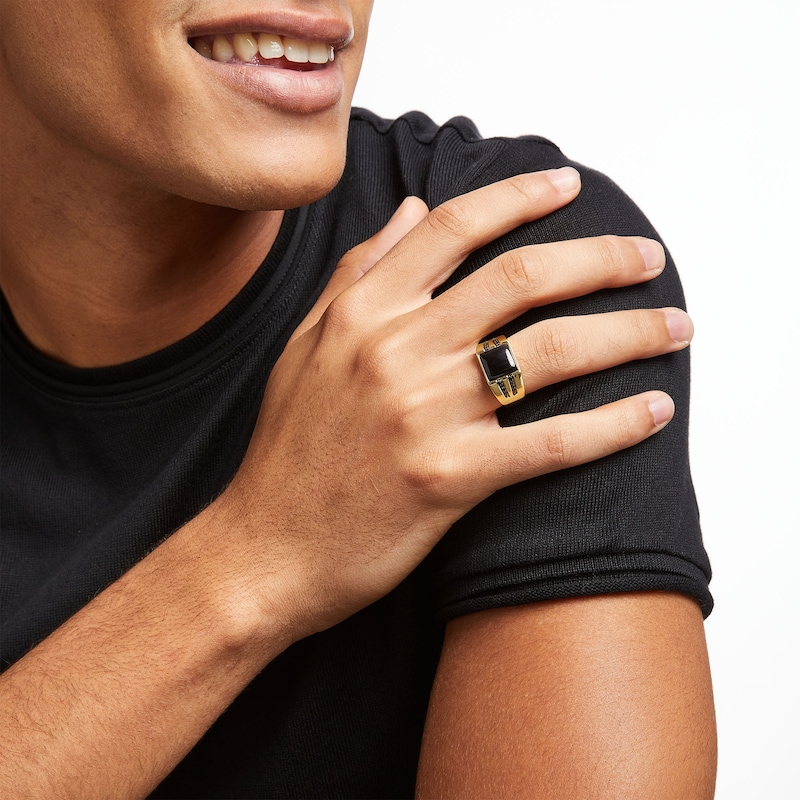 Main Image 2 of Men's 10.0mm Square Onyx and 0.15 CT. T.W. Black Diamond Double Row Ring in 10K Gold