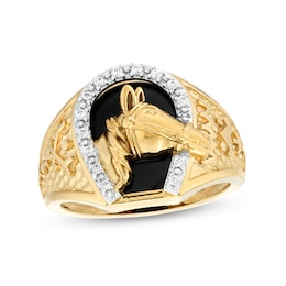 Onyx and 0.12 CT. T.W. Diamond Horse Nugget Ring in 10K Gold