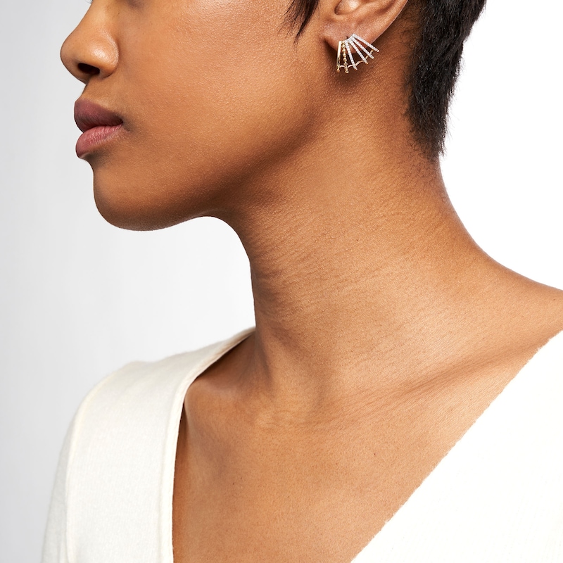 Main Image 2 of 0.32 CT. T.W. Diamond Flared Multi-Row Beaded J-Hoop Earrings in Sterling Silver with 14K Gold Plate