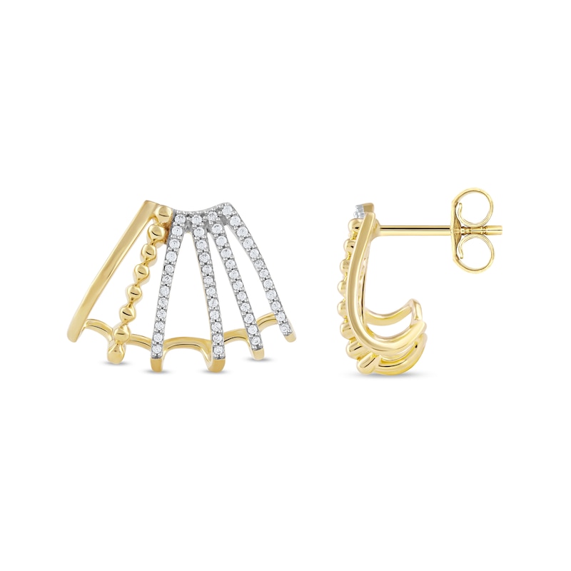 Main Image 3 of 0.32 CT. T.W. Diamond Flared Multi-Row Beaded J-Hoop Earrings in Sterling Silver with 14K Gold Plate