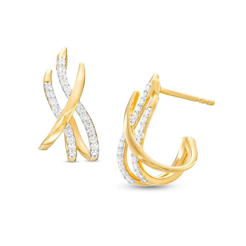 0.10 CT. T.W. Diamond Triple Swirl J-Hoop Earrings in Sterling Silver with 14K Gold Plate|Peoples Jewellers