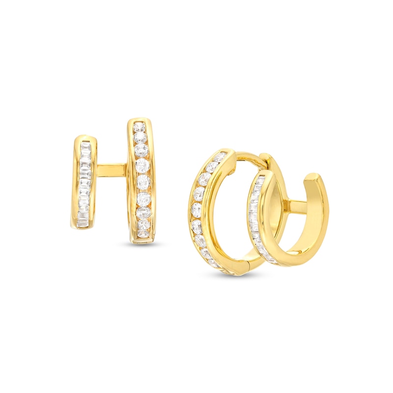 Main Image 1 of 0.50 CT. T.W. Baguette and Round Diamond Double Row Huggie Hoop Earrings in 10K Gold
