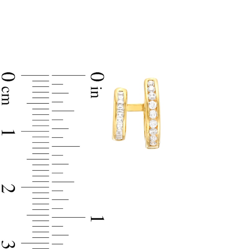 Main Image 3 of 0.50 CT. T.W. Baguette and Round Diamond Double Row Huggie Hoop Earrings in 10K Gold