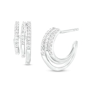 0.16 CT. T.W. Diamond Graduated Triple Row J-Hoop Earrings in Sterling Silver