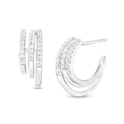 0.16 CT. T.W. Diamond Graduated Triple Row J-Hoop Earrings in Sterling Silver