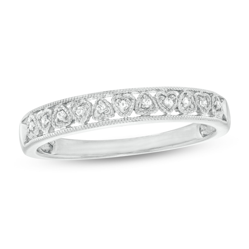 Main Image 1 of 0.05 CT. T.W. Diamond Mirrored Hearts Vintage-Style Stackable Anniversary Band in 10K White Gold