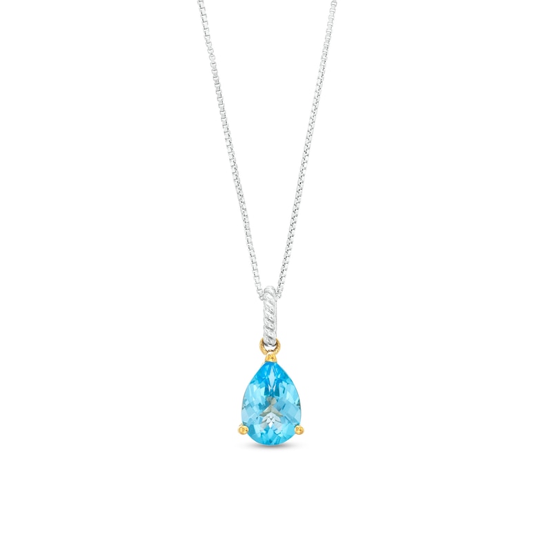 Pear-Shaped Swiss Blue Topaz Solitaire with Rope-Textured Bail Pendant in Sterling Silver and 10K Gold|Peoples Jewellers