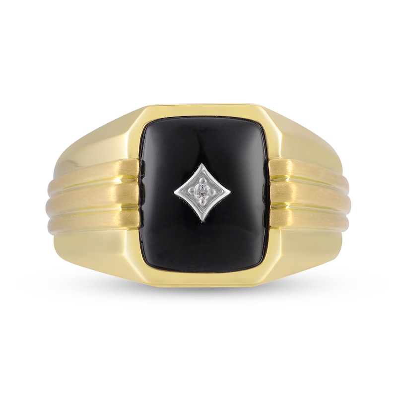 Men's Elongated Cushion-Cut Black Onyx and Diamond Accent Triple Row Ribbed Shank Ring in 10K Gold|Peoples Jewellers