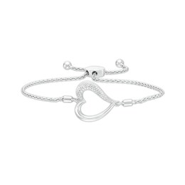Diamond Accent Sideways Heart Outline Bolo Bracelet in Sterling Silver - 9.5&quot;