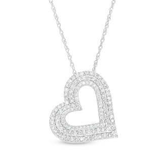 1.00 CT. T.W. Diamond Tilted Triple Row Layered Heart Outline Pendant ...