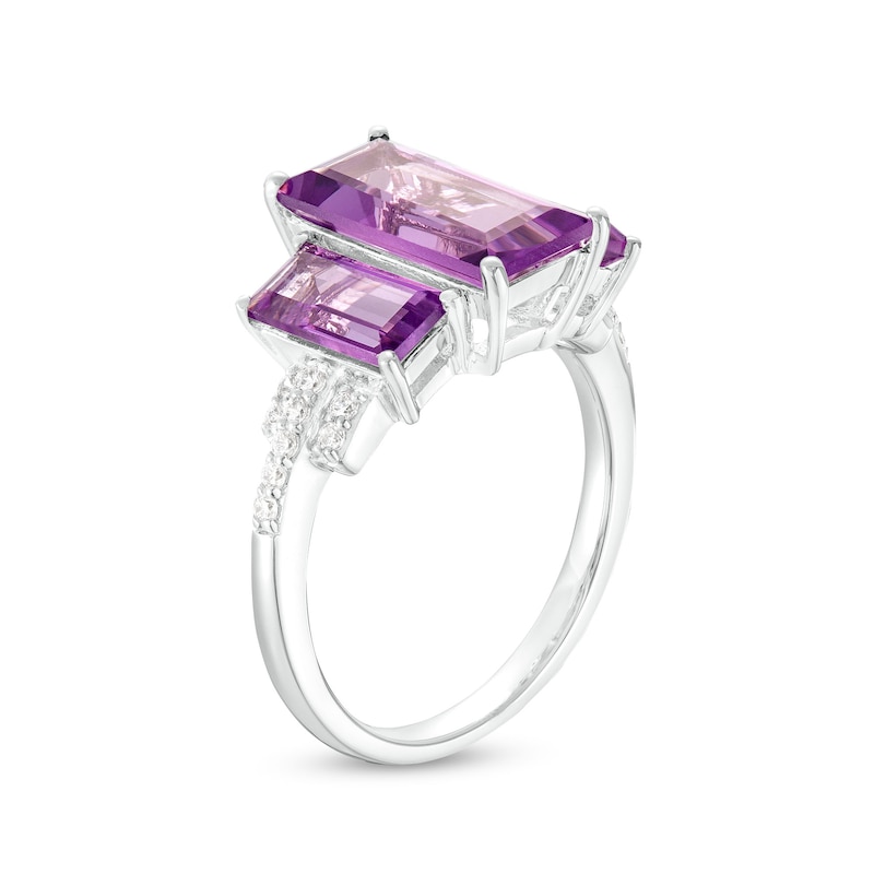 Main Image 3 of Baguette Amethyst and 0.115 CT. T.W. Diamond Three Stone Ring in 10K White Gold