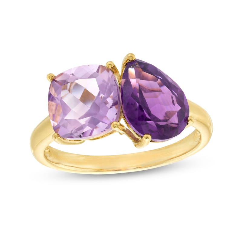 Main Image 1 of Pear-Shaped and Cushion-Cut Amethyst Toi et Moi Ring in 10K Gold
