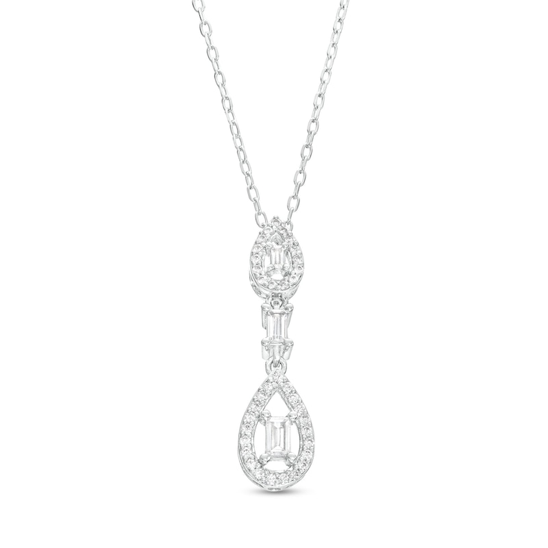 0.25 CT. T.W. Baguette and Round Diamond Open Teardrop Frame Double Drop Pendant in 10K White Gold|Peoples Jewellers