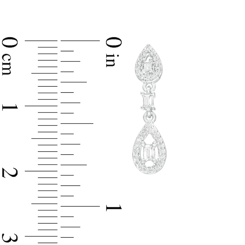 0.25 CT. T.W. Baguette and Round Diamond Open Teardrop Frame Double Drop Earrings in 10K White Gold