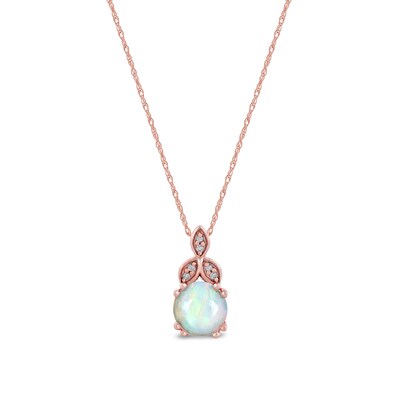 6.0mm Opal and Diamond Accent Leaf-Top Trio Pendant in 10K Rose Gold