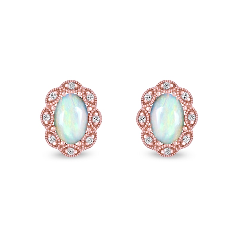 Oval Opal and 0.04 CT. T.W. Diamond Scallop Frame Art Deco Stud Earrings in 10K Rose Gold